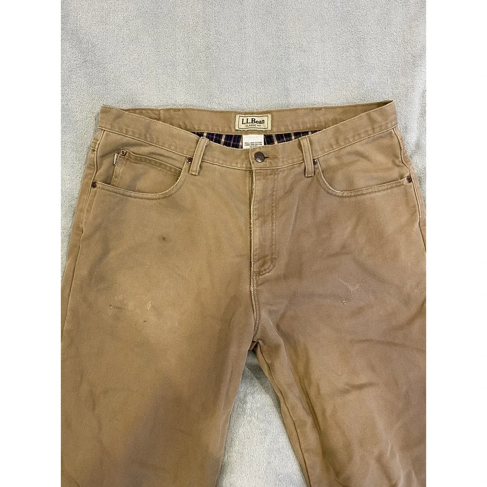 LL Bean Pants Mens 36 Beige Tan Cotton Flannel Lined Khakis Slacks 36x29
